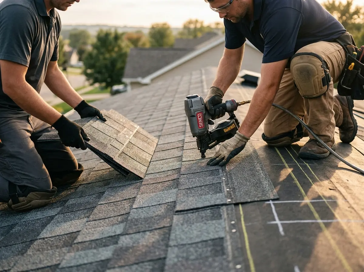 Professional roofer working on a residential roof in Estacada